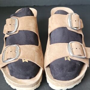 Yokono Tan Suede Wedge Slide Sandals with Buckles Size 7.5